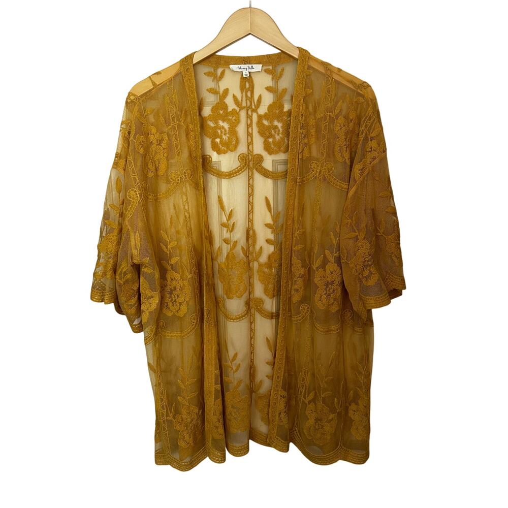 Bohemian Floral Embroidered Cardigan Lace Open Front Yellow Womens Top Small